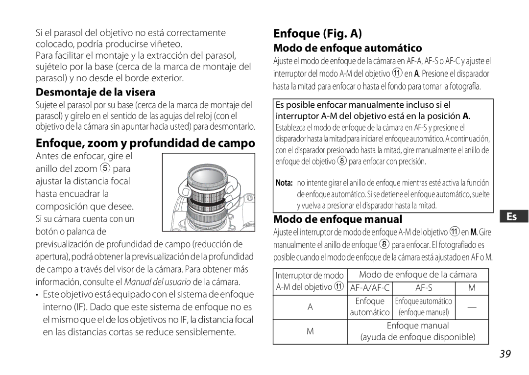 Nikon 2179 Enfoque Fig. a, Desmontaje de la visera, Enfoque, zoom y profundidad de campo, Modo de enfoque automático 