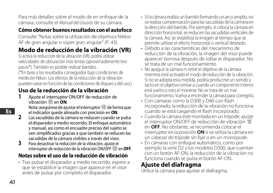 Nikon 2179 user manual Modo de reducción de la vibración VR, Ajuste del diafragma, Uso de la reducción de la vibración 