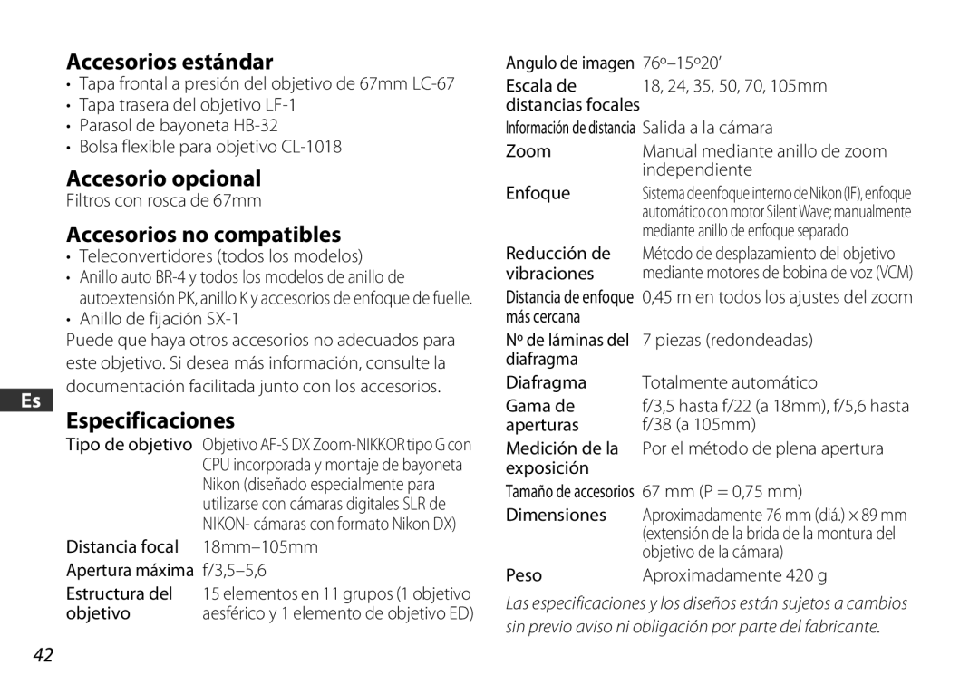 Nikon 2179 user manual Accesorios estándar, Accesorio opcional, Accesorios no compatibles, Especificaciones 