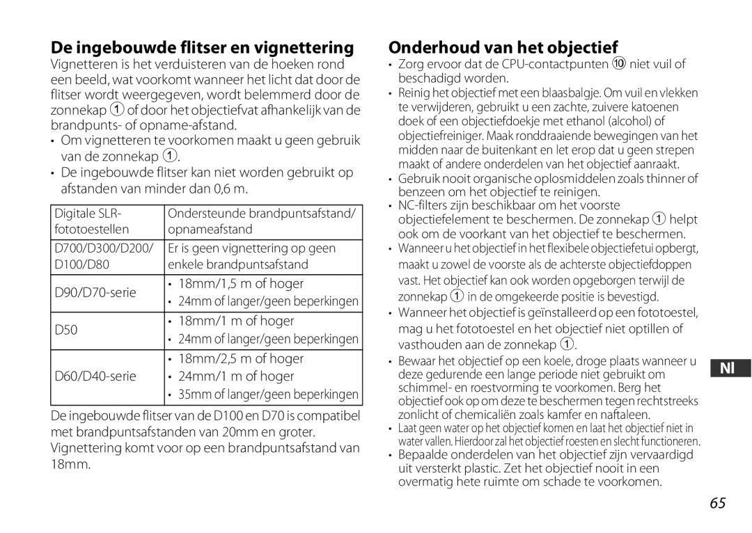 Nikon 2179 user manual De ingebouwde flitser en vignettering, Onderhoud van het objectief 