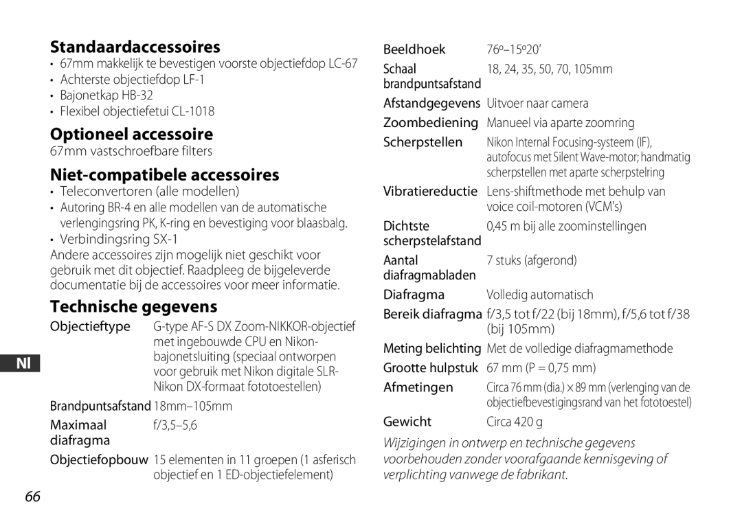 Nikon 2179 user manual Standaardaccessoires, Optioneel accessoire, Niet-compatibele accessoires, Technische gegevens 