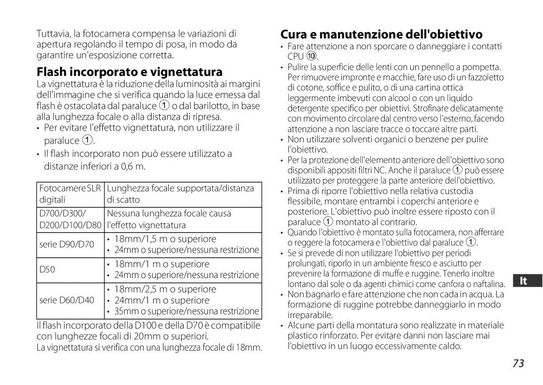 Nikon 2179 user manual Flash incorporato e vignettatura, Cura e manutenzione dellobiettivo 