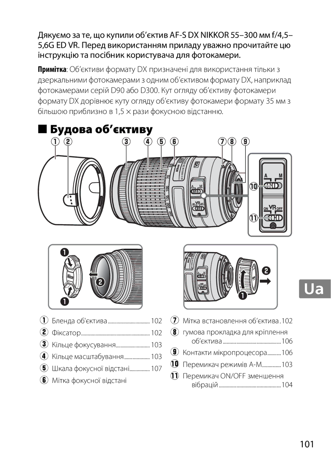 Nikon 55-300, 2179B, 2197B user manual Будова об’єктиву 