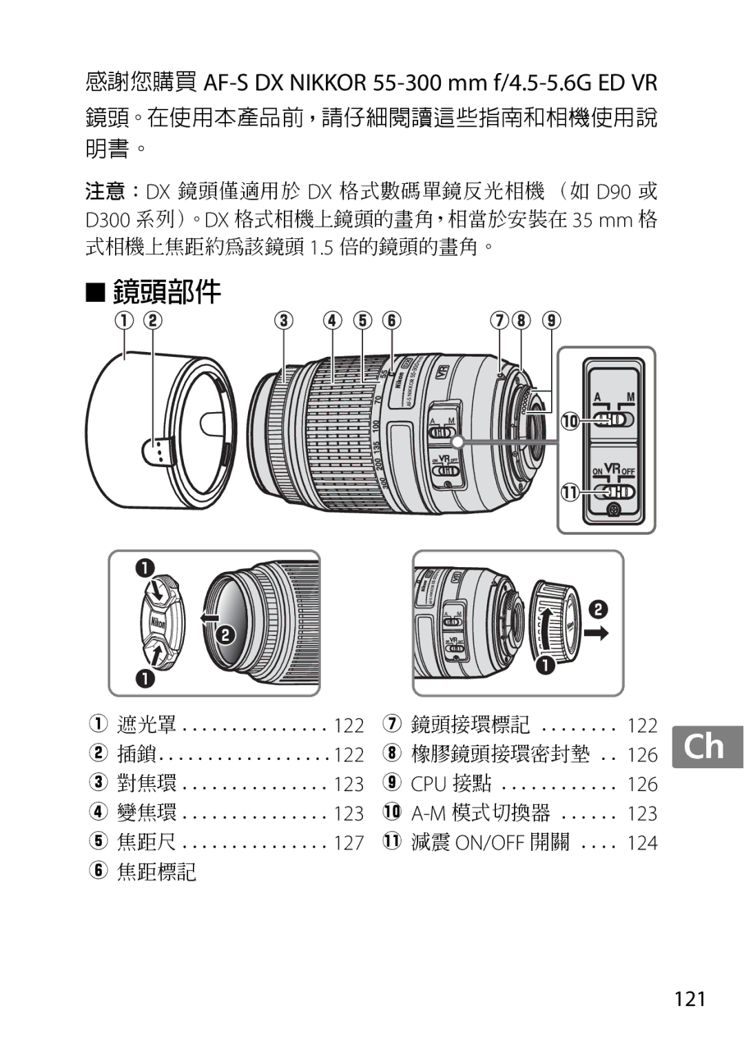 Nikon 55-300, 2179B, 2197B user manual 鏡頭部件 