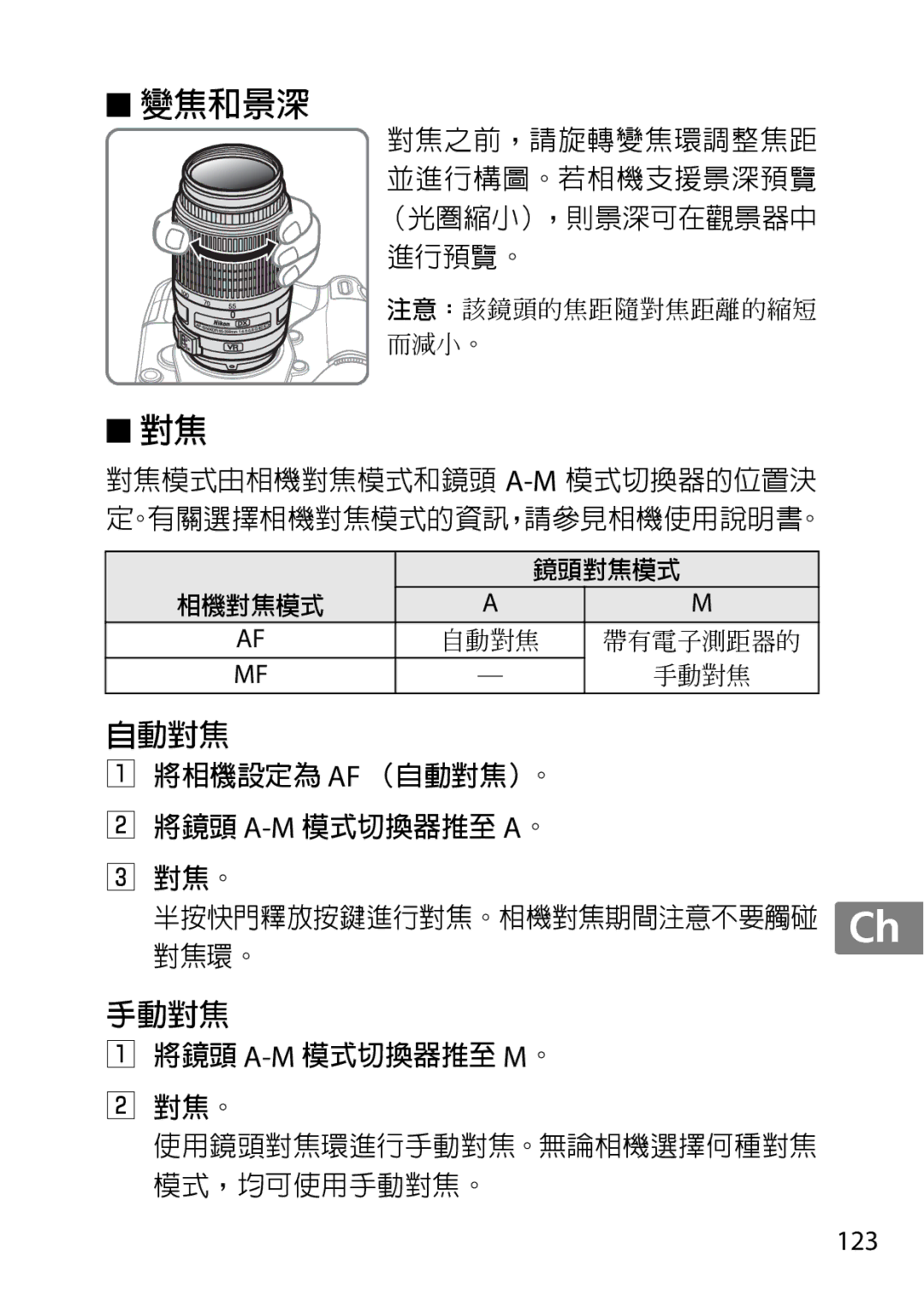 Nikon 2197B, 2179B, 55-300 user manual 變焦和景深 