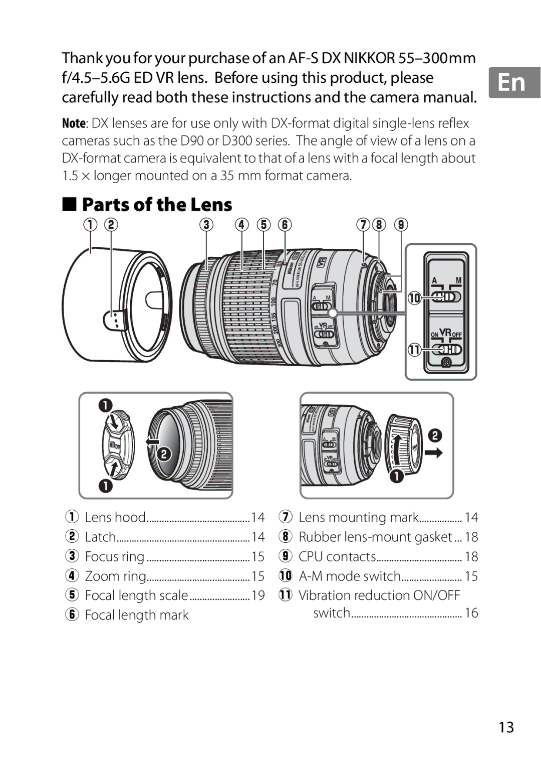 Nikon 55-300, 2179B, 2197B user manual Parts of the Lens 