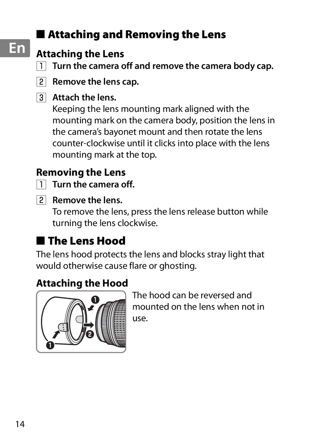 Nikon 2179B, 55-300, 2197B user manual Attaching and Removing the Lens, Lens Hood, Attaching the Lens, Attaching the Hood 