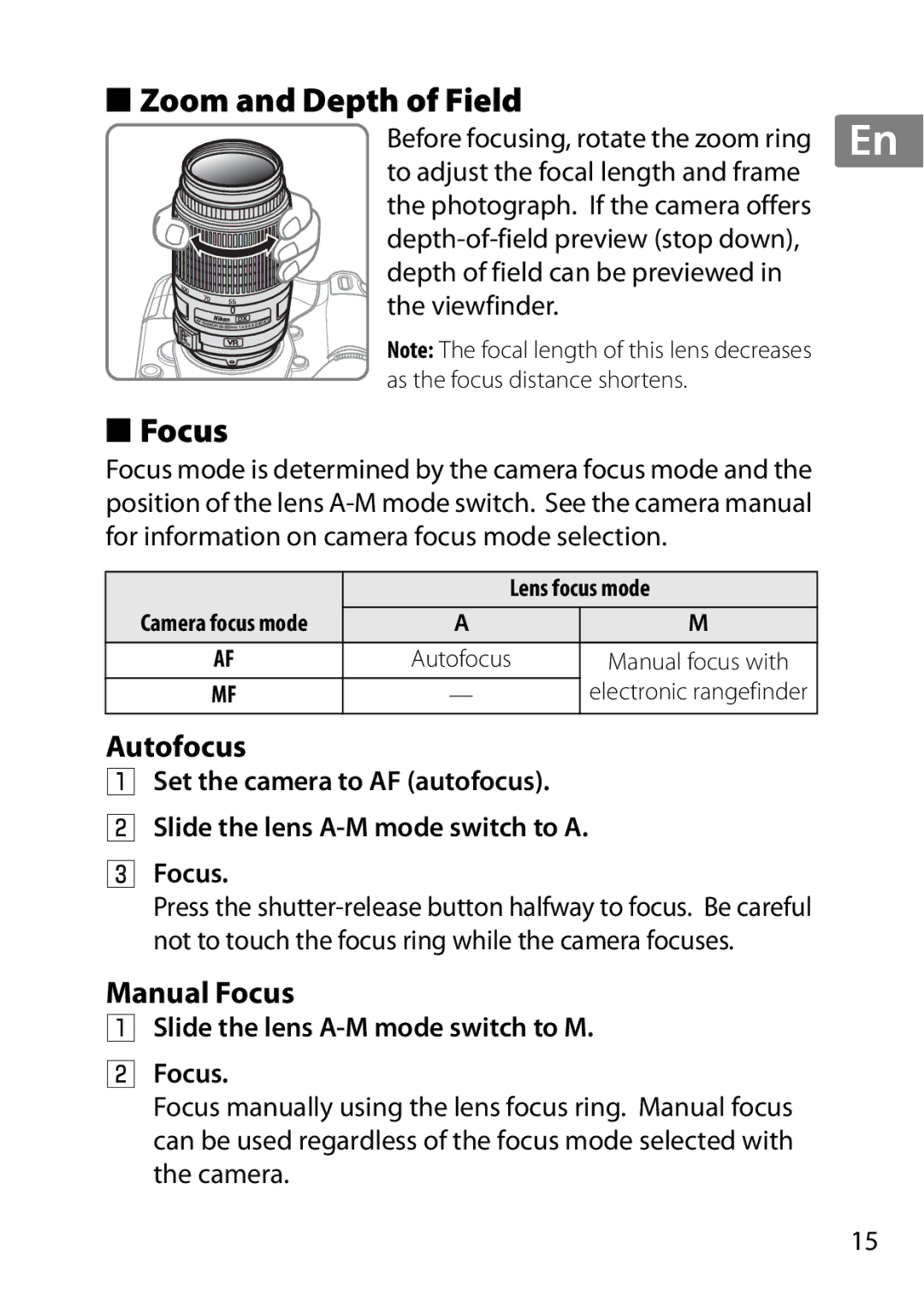 Nikon 2197B, 2179B, 55-300 user manual Zoom and Depth of Field, Autofocus, Manual Focus, Lens focus mode 