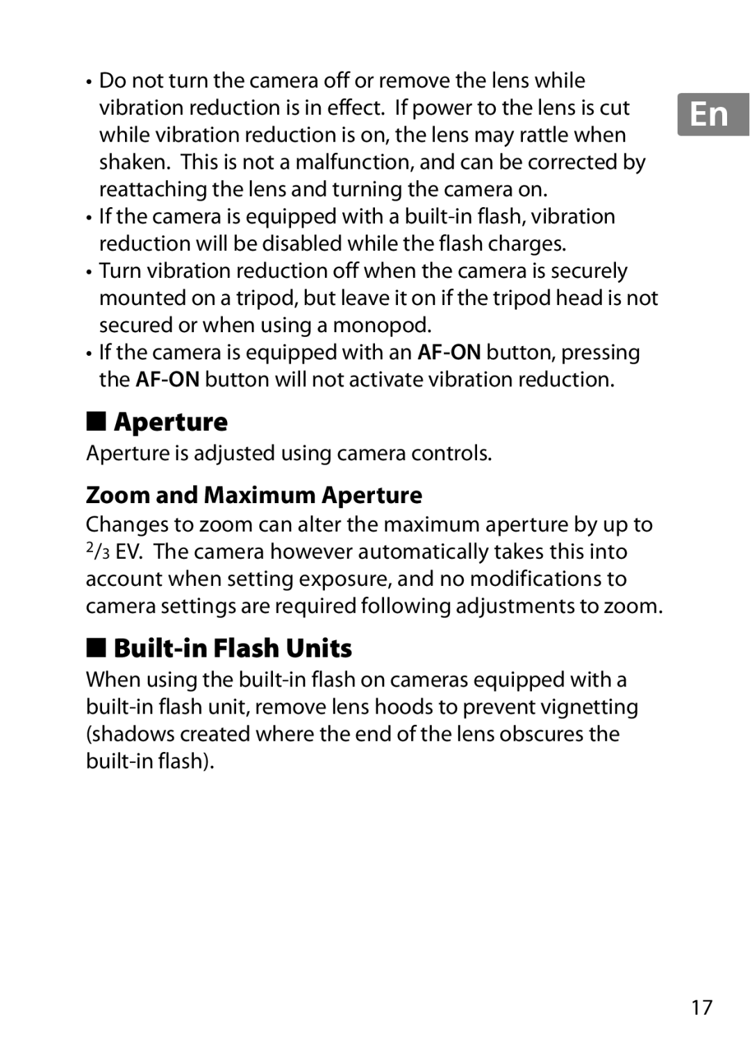 Nikon 55-300, 2179B, 2197B user manual Built-in Flash Units, Zoom and Maximum Aperture 