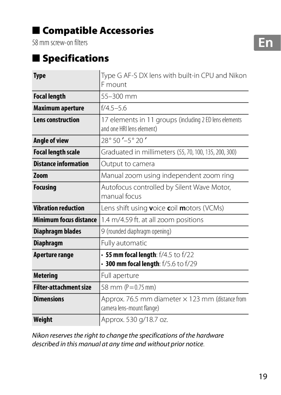 Nikon 2197B, 2179B, 55-300 user manual Compatible Accessories, Specifications 