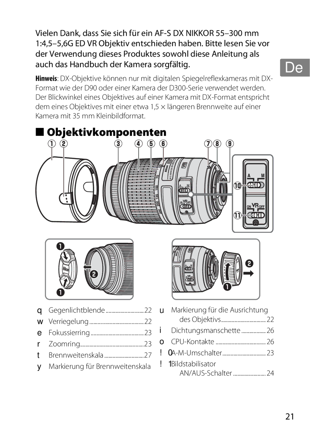 Nikon 55-300, 2179B, 2197B user manual Objektivkomponenten, Auch das Handbuch der Kamera sorgfältig 