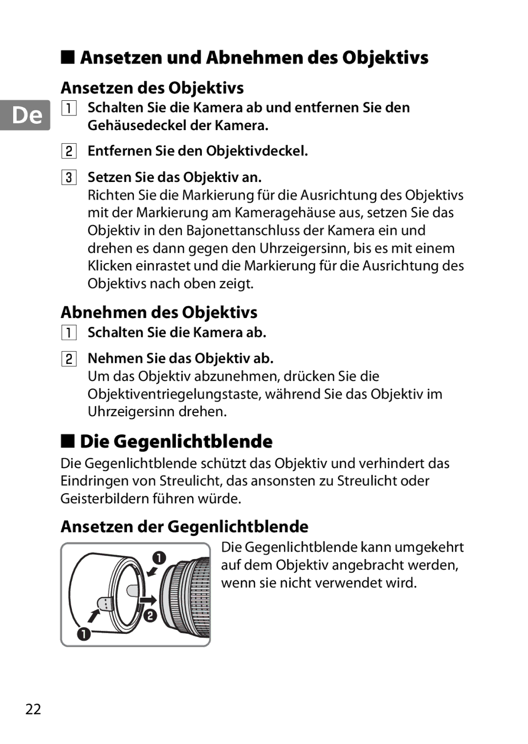 Nikon 2179B, 55-300, 2197B user manual Ansetzen und Abnehmen des Objektivs, Die Gegenlichtblende, Ansetzen des Objektivs 