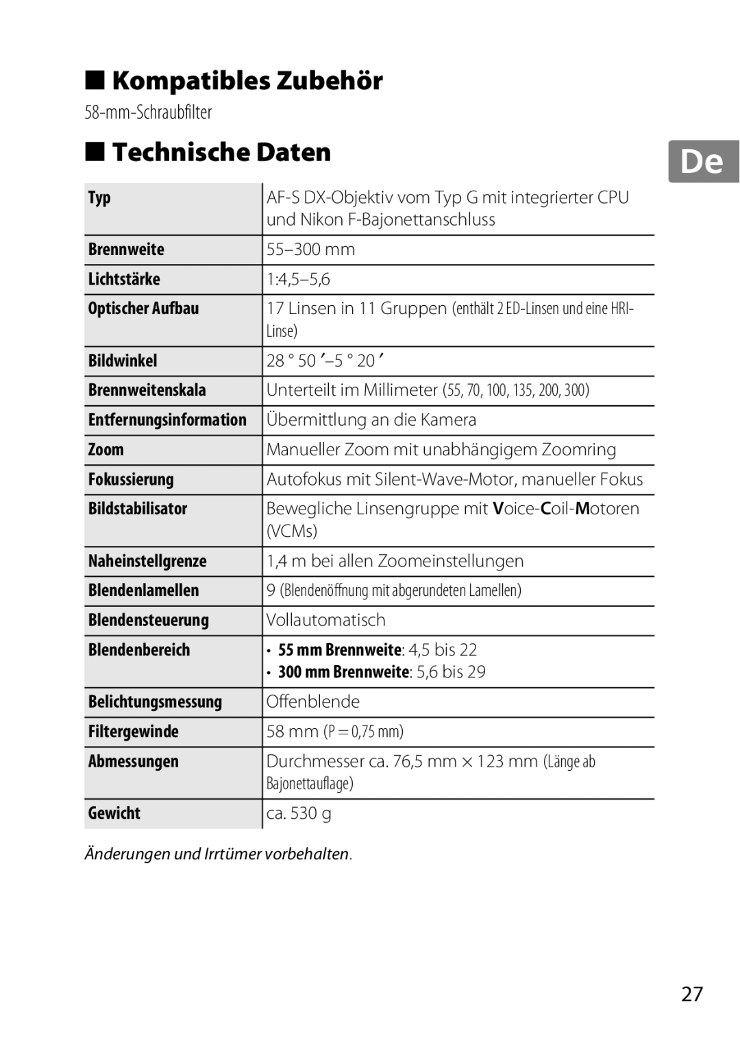 Nikon 2197B, 2179B, 55-300 user manual Kompatibles Zubehör, Technische Daten 