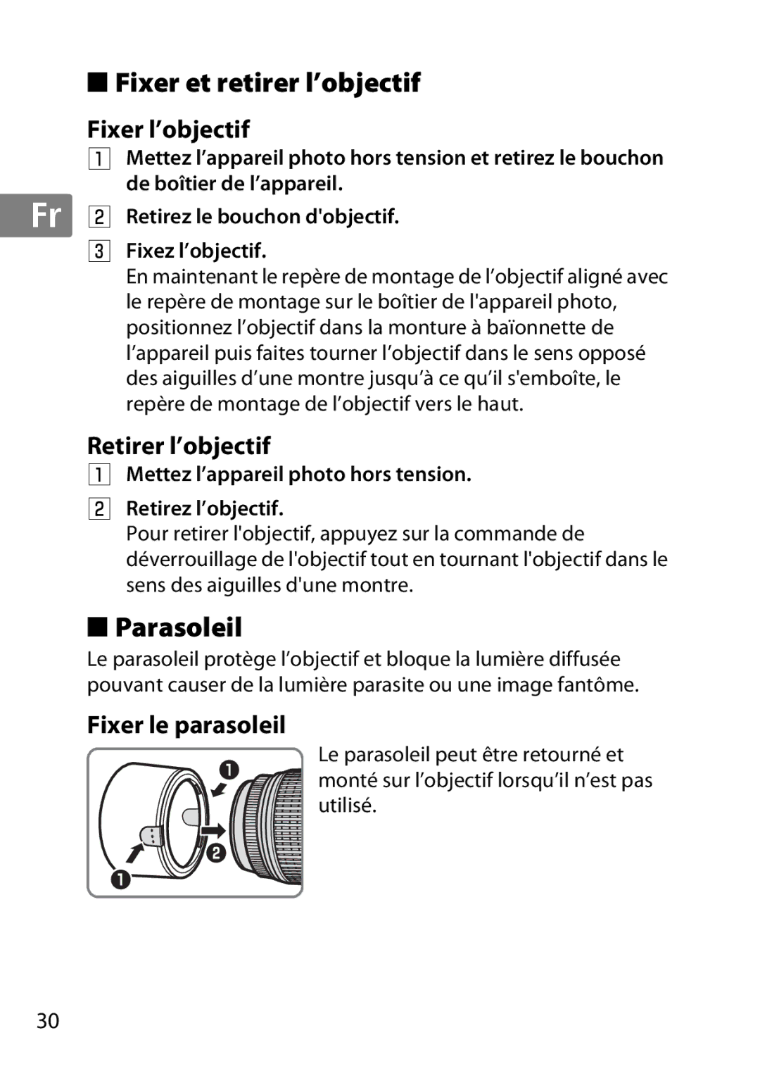 Nikon 2179B, 2197B Fixer et retirer l’objectif, Parasoleil, Fixer l’objectif, Retirer l’objectif, Fixer le parasoleil 