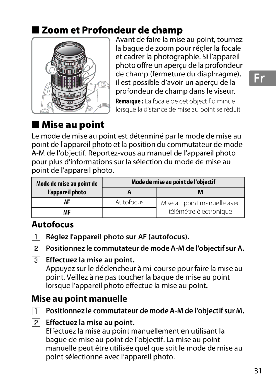 Nikon 2197B, 2179B, 55-300 Zoom et Profondeur de champ, Mise au point manuelle, Réglez lappareil photo sur AF autofocus 