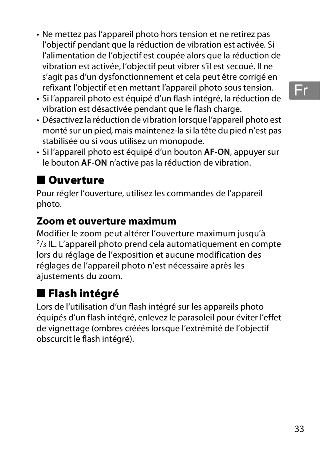 Nikon 55-300, 2179B, 2197B user manual Ouverture, Flash intégré, Zoom et ouverture maximum 