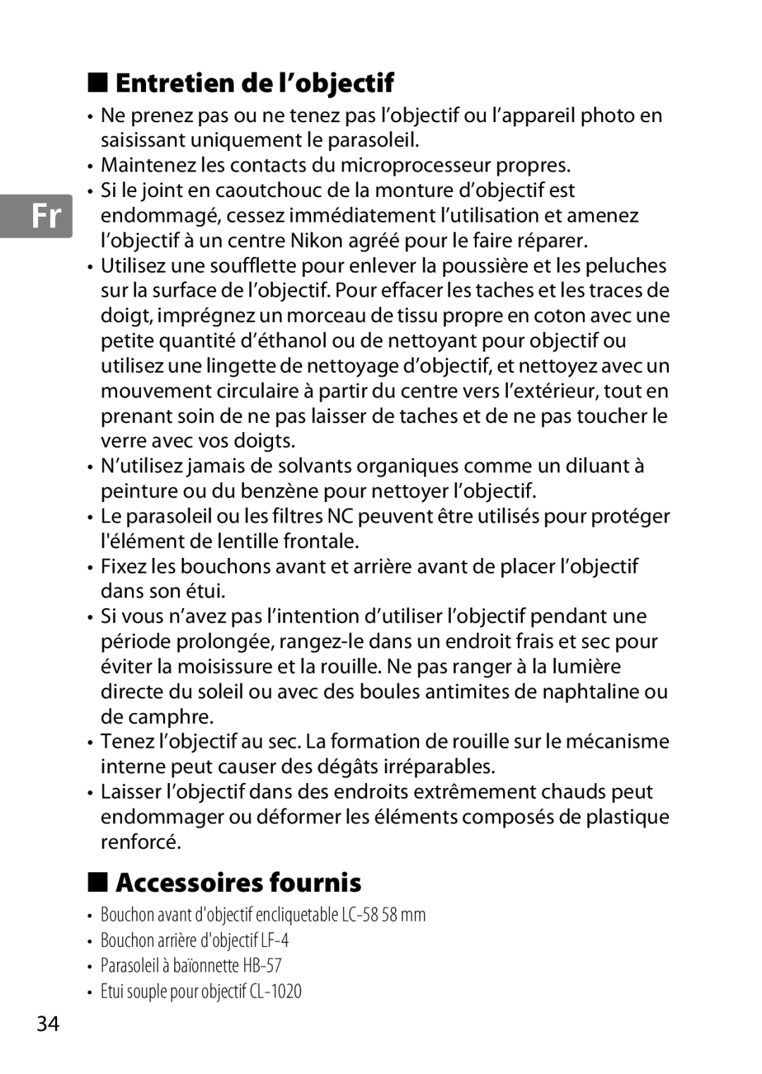 Nikon 2179B, 55-300, 2197B user manual Entretien de l’objectif, Accessoires fournis 