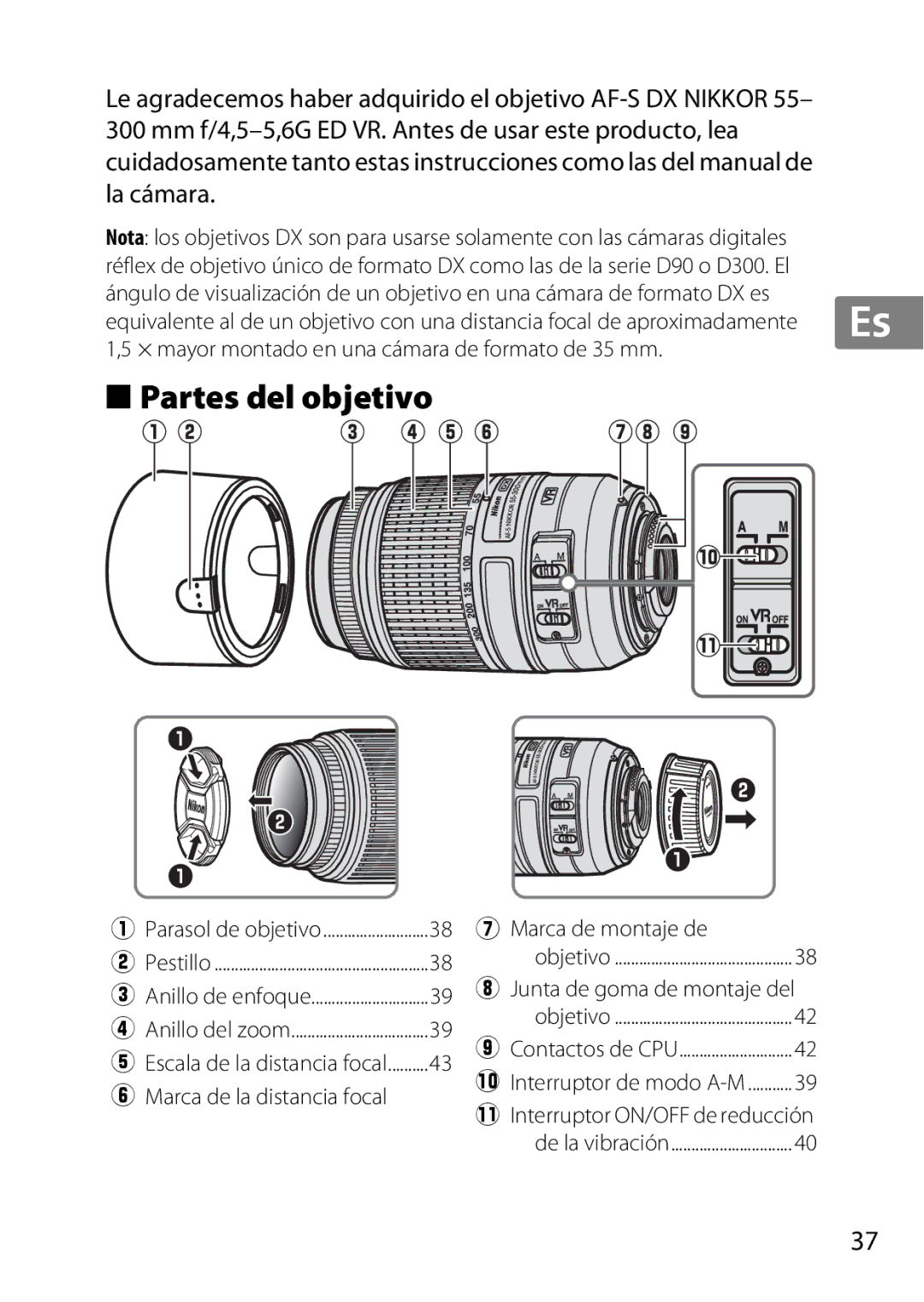 Nikon 55-300, 2179B, 2197B user manual Partes del objetivo, Junta de goma de montaje del 