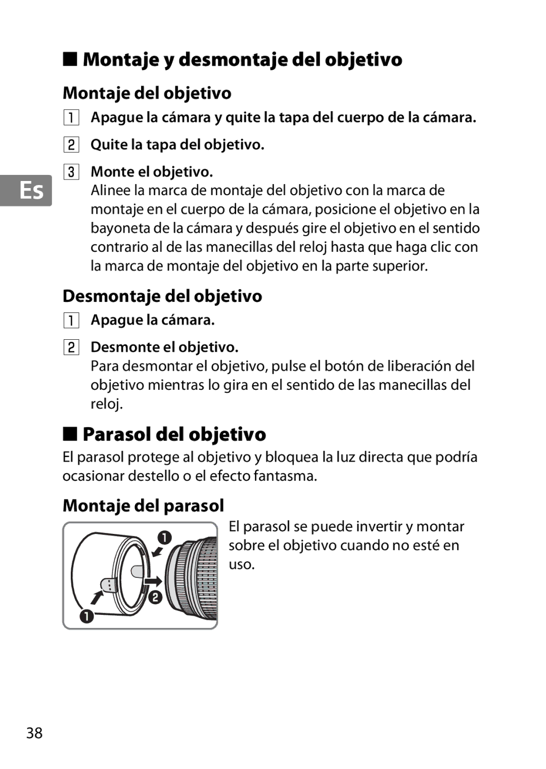 Nikon 2197, 2179B Montaje y desmontaje del objetivo, Parasol del objetivo, Montaje del objetivo, Desmontaje del objetivo 