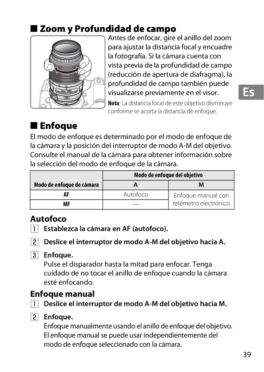 Nikon 2197B, 2179B, 55-300 user manual Zoom y Profundidad de campo, Autofoco, Enfoque manual 