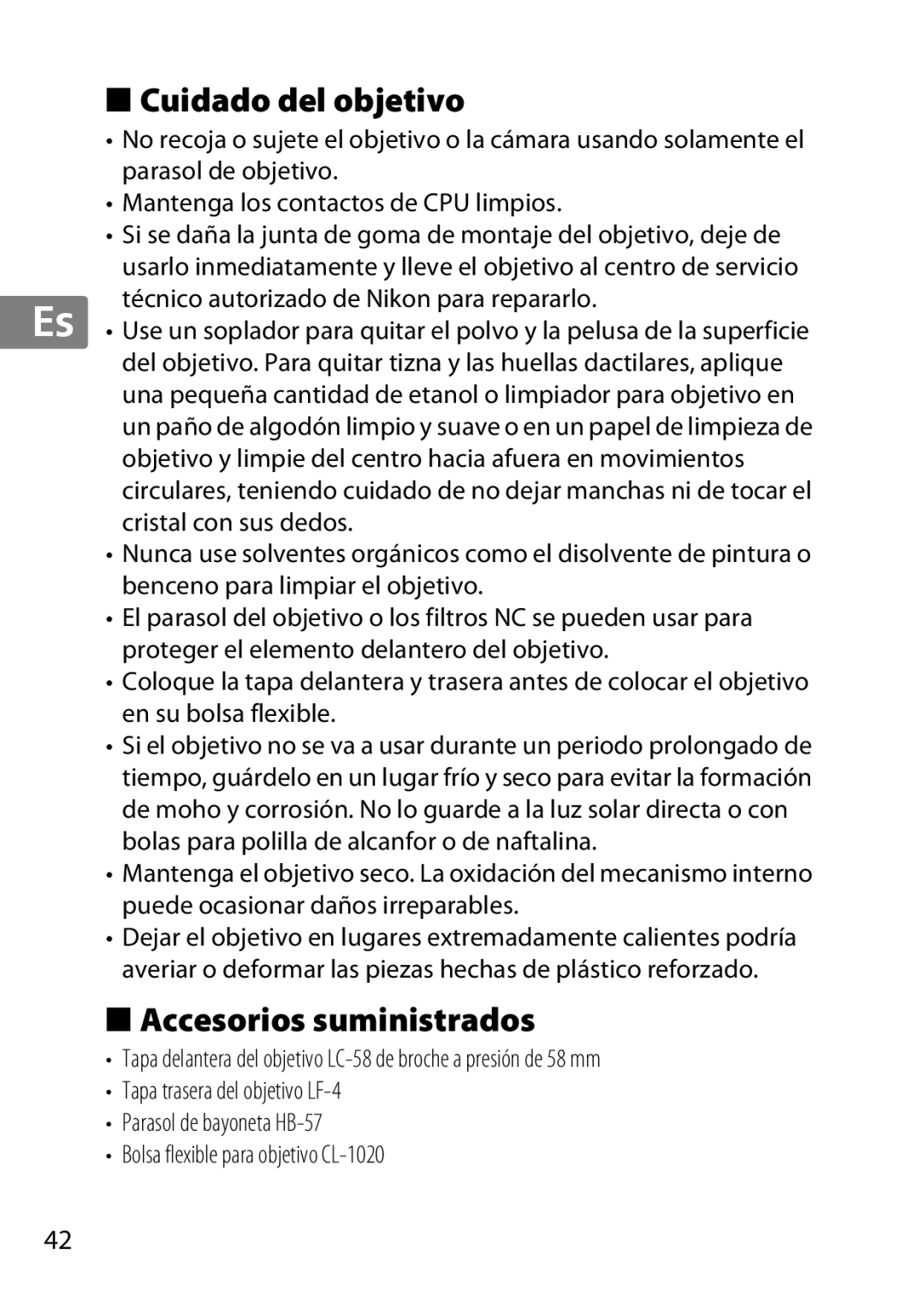 Nikon 2179B, 55-300, 2197B user manual Cuidado del objetivo, Accesorios suministrados 