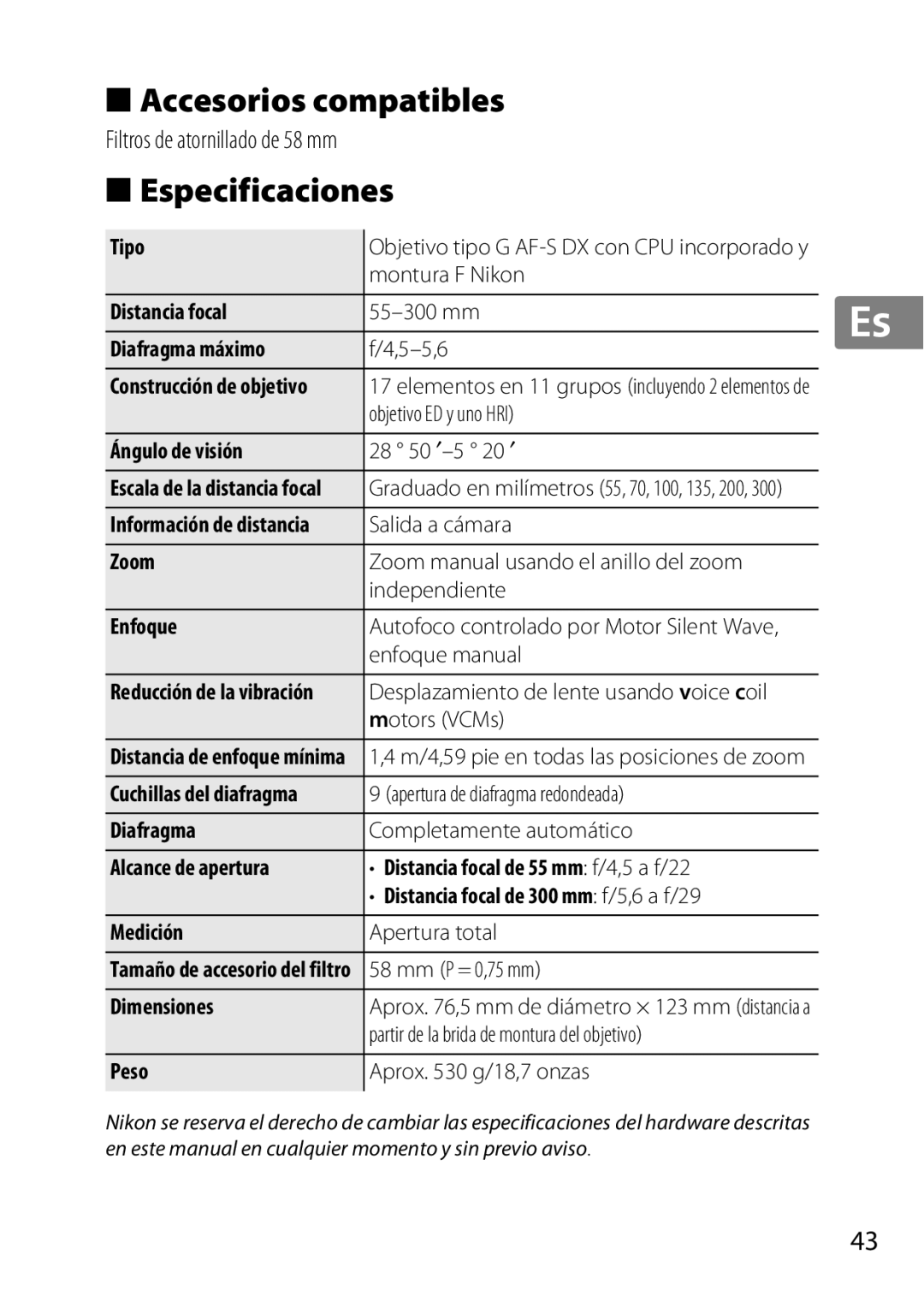 Nikon 2197B, 2179B, 55-300 user manual Accesorios compatibles, Especificaciones 