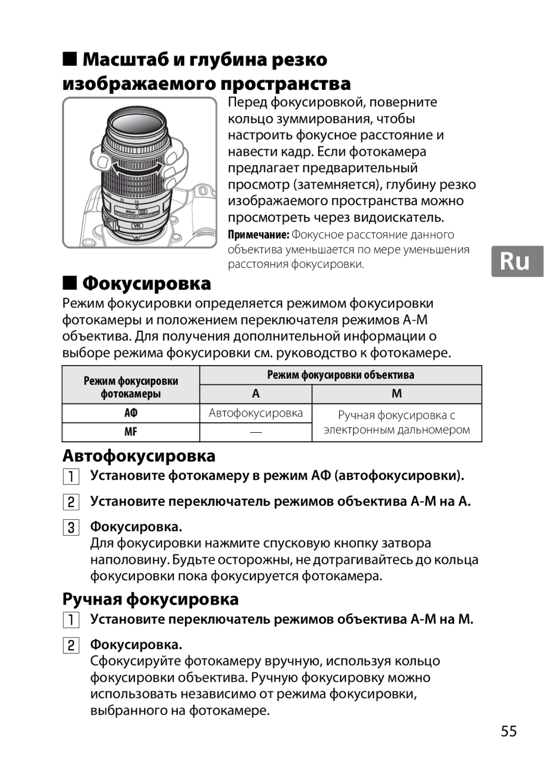 Nikon 2197B, 2179B Масштаб и глубина резко Изображаемого пространства, Фокусировка, Автофокусировка, Ручная фокусировка 