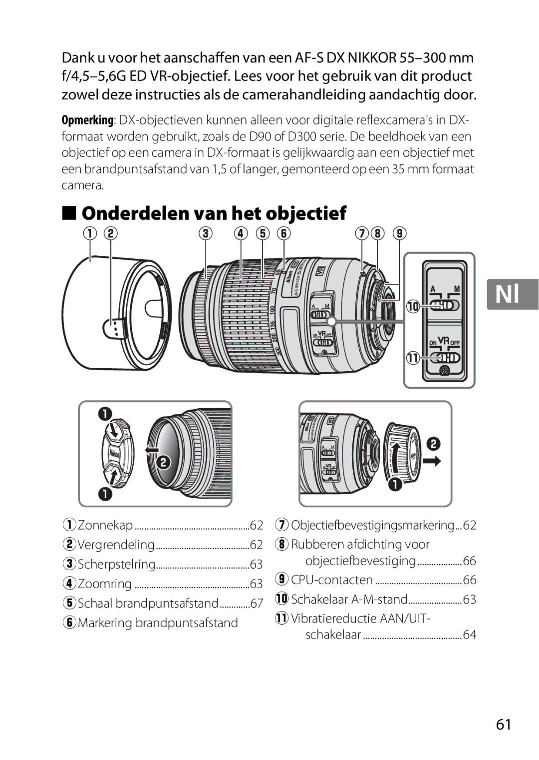 Nikon 55-300, 2179B, 2197B user manual Onderdelen van het objectief 