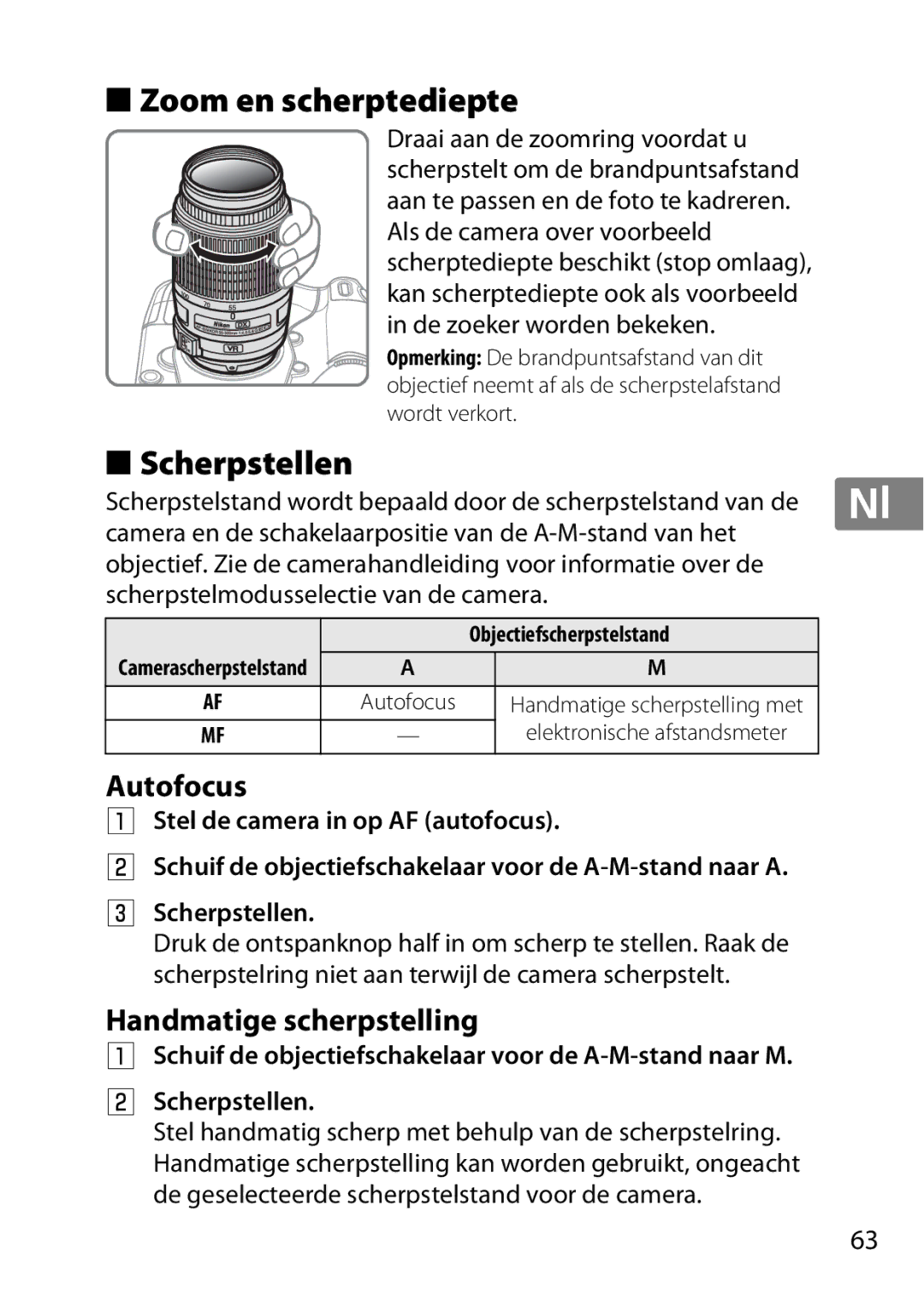 Nikon 2197B, 2179B, 55-300 user manual Zoom en scherptediepte, Scherpstellen, Handmatige scherpstelling 