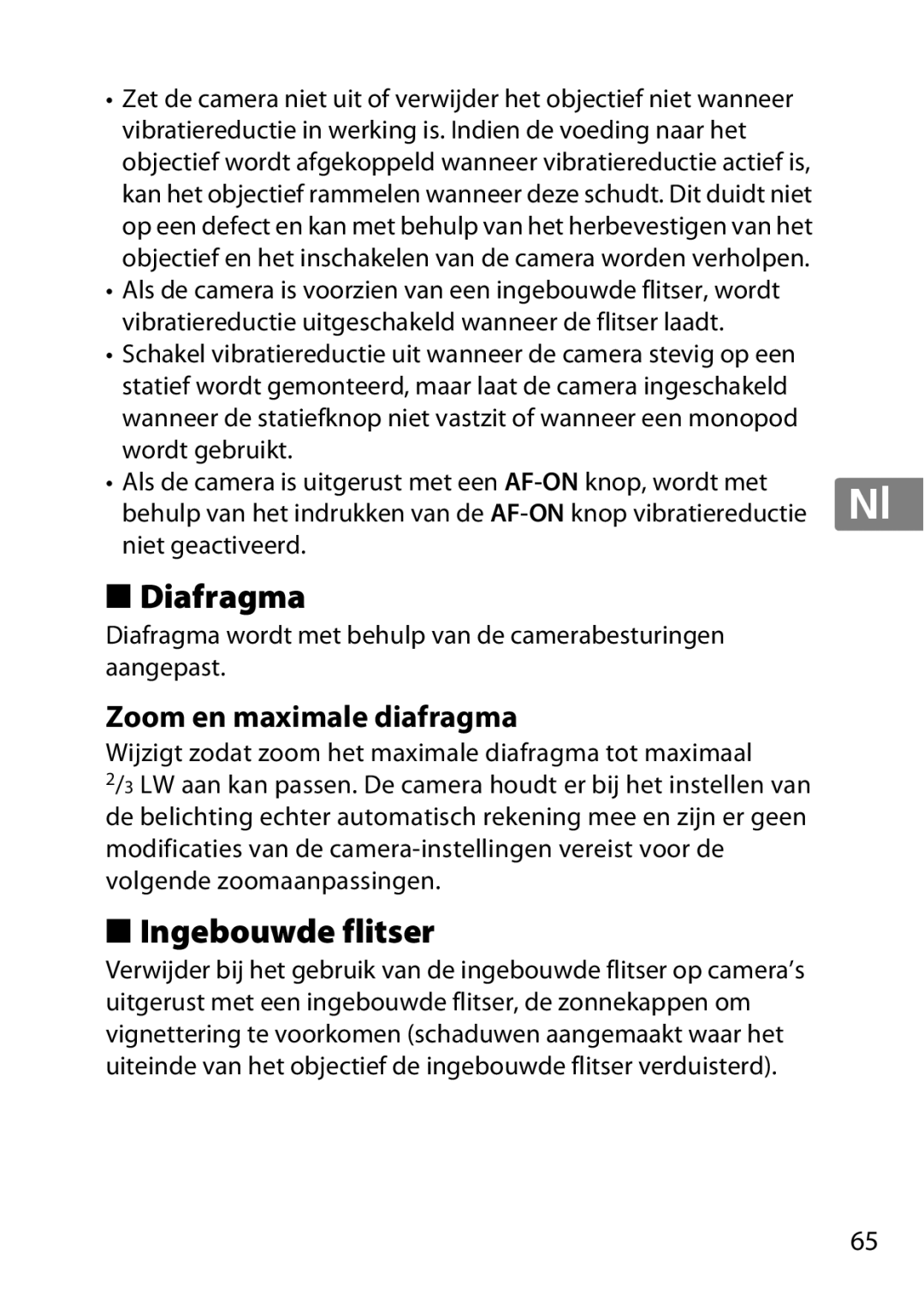 Nikon 55-300, 2179B, 2197B user manual Ingebouwde flitser, Zoom en maximale diafragma 