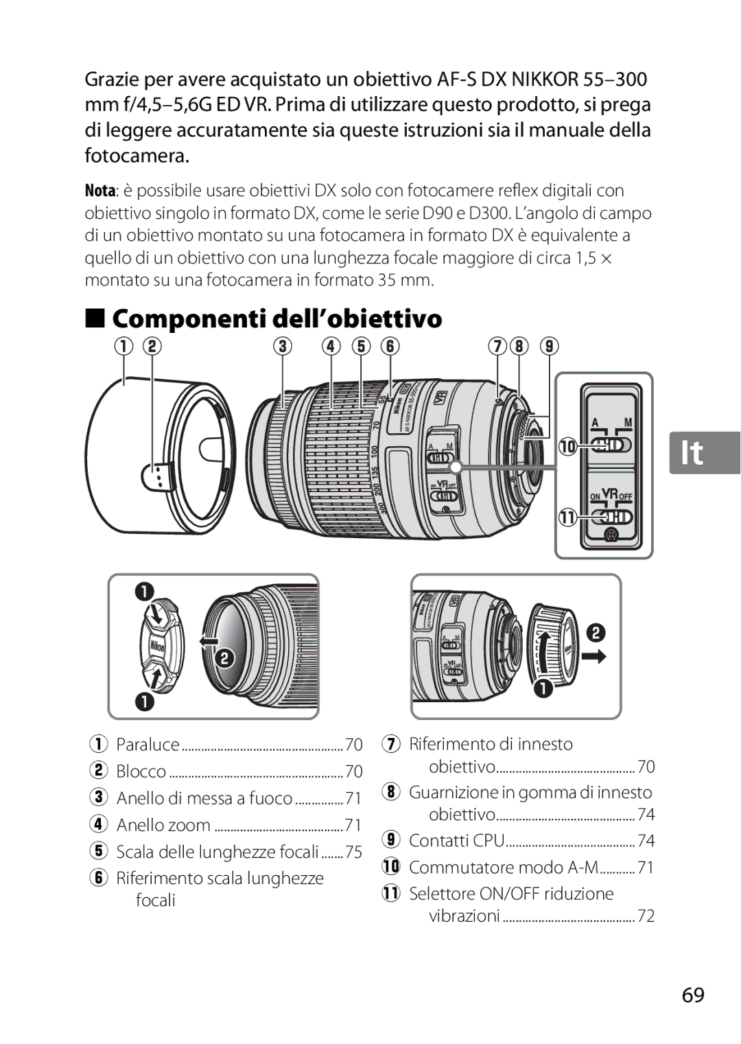 Nikon 55-300, 2179B, 2197B user manual Componenti dell’obiettivo 