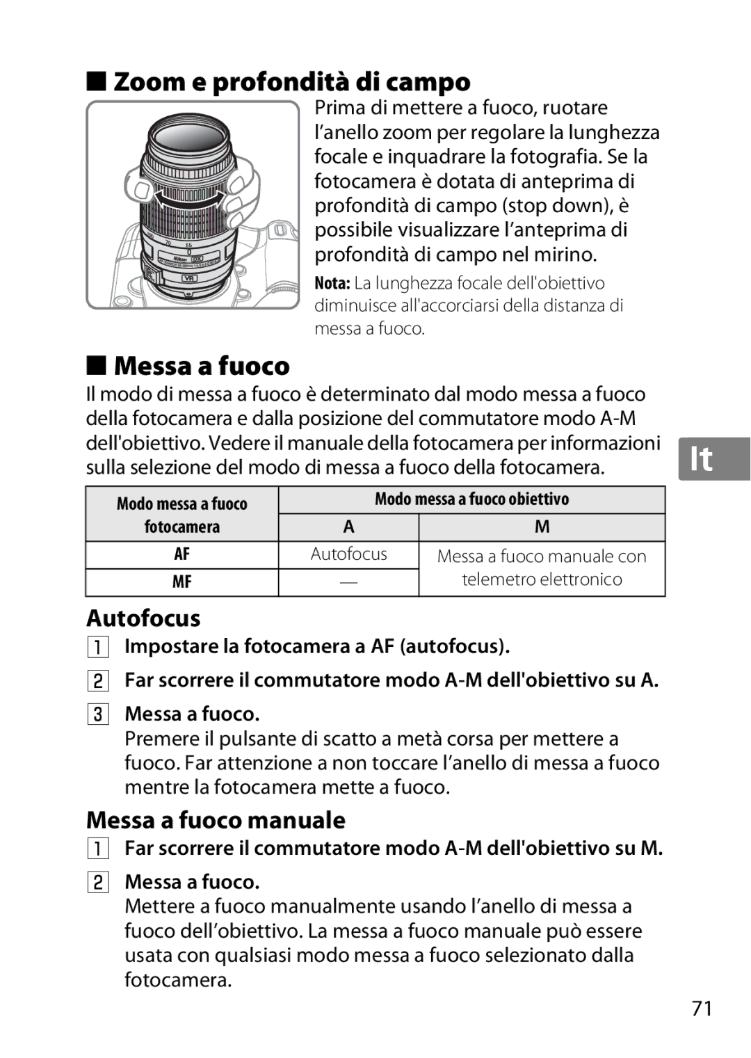 Nikon 2197B, 2179B, 55-300 user manual Zoom e profondità di campo, Messa a fuoco manuale 