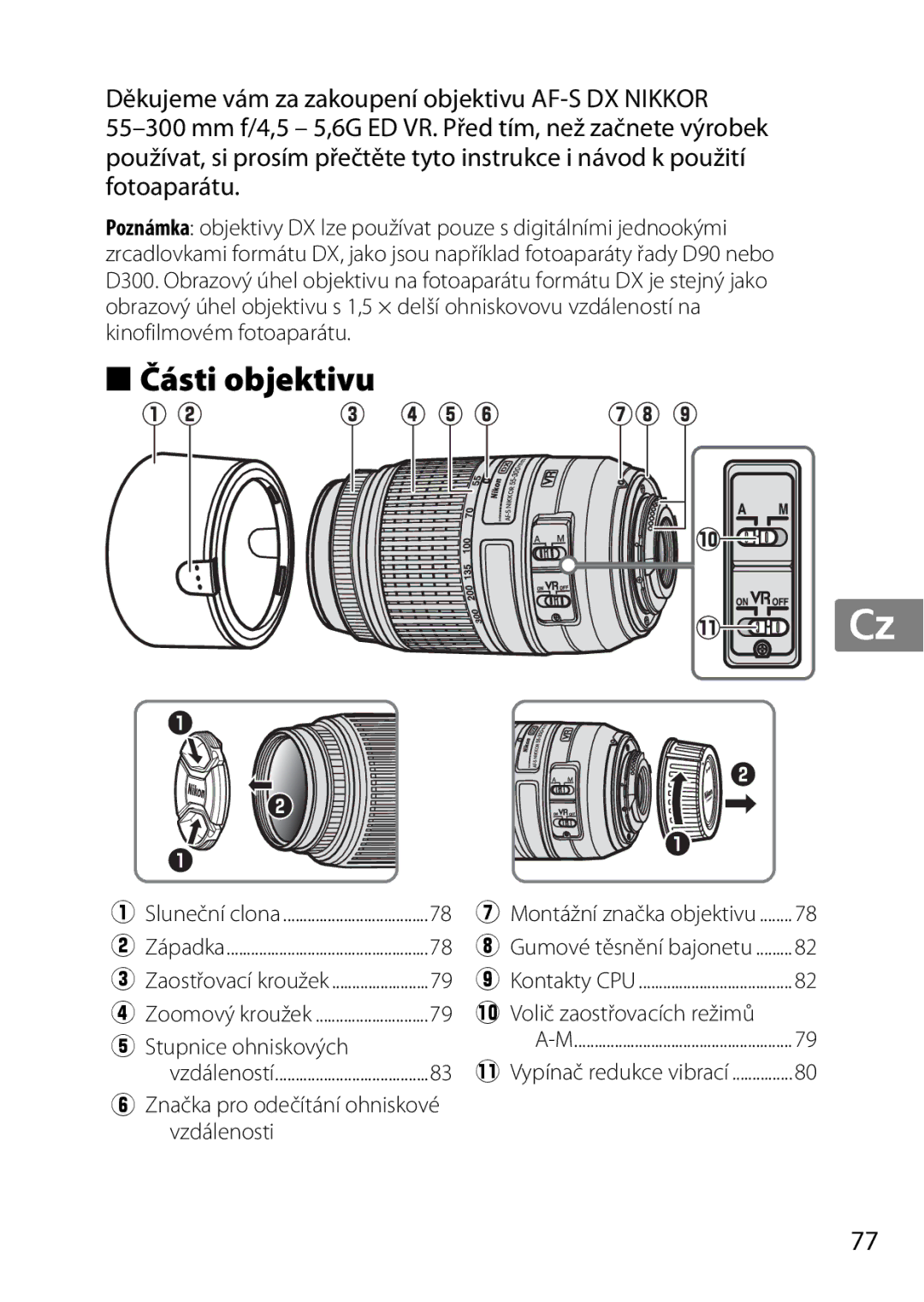 Nikon 55-300, 2179B, 2197B user manual Části objektivu 