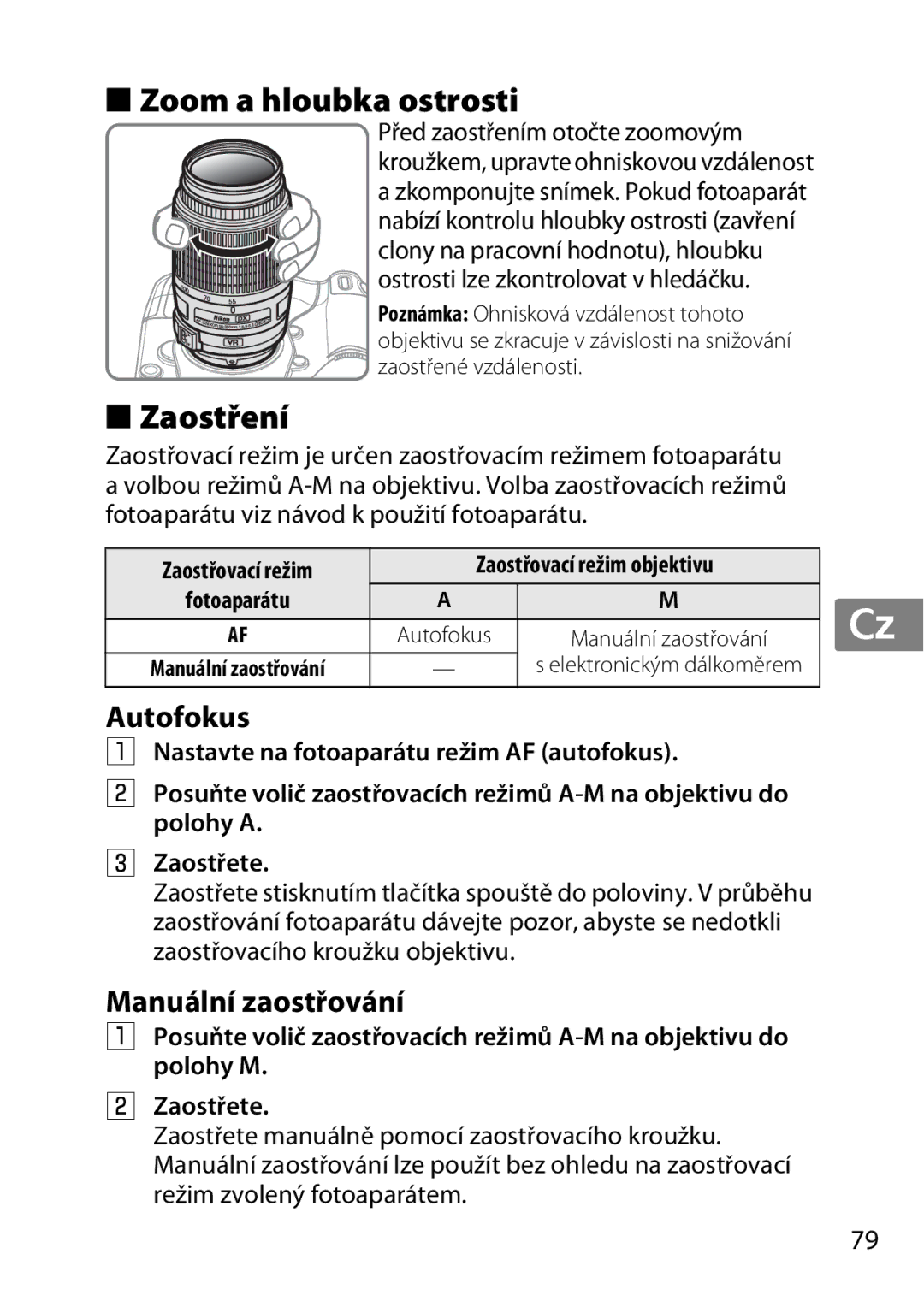 Nikon 2197B, 2179B, 55-300 user manual Zoom a hloubka ostrosti, Zaostření, Manuální zaostřování 