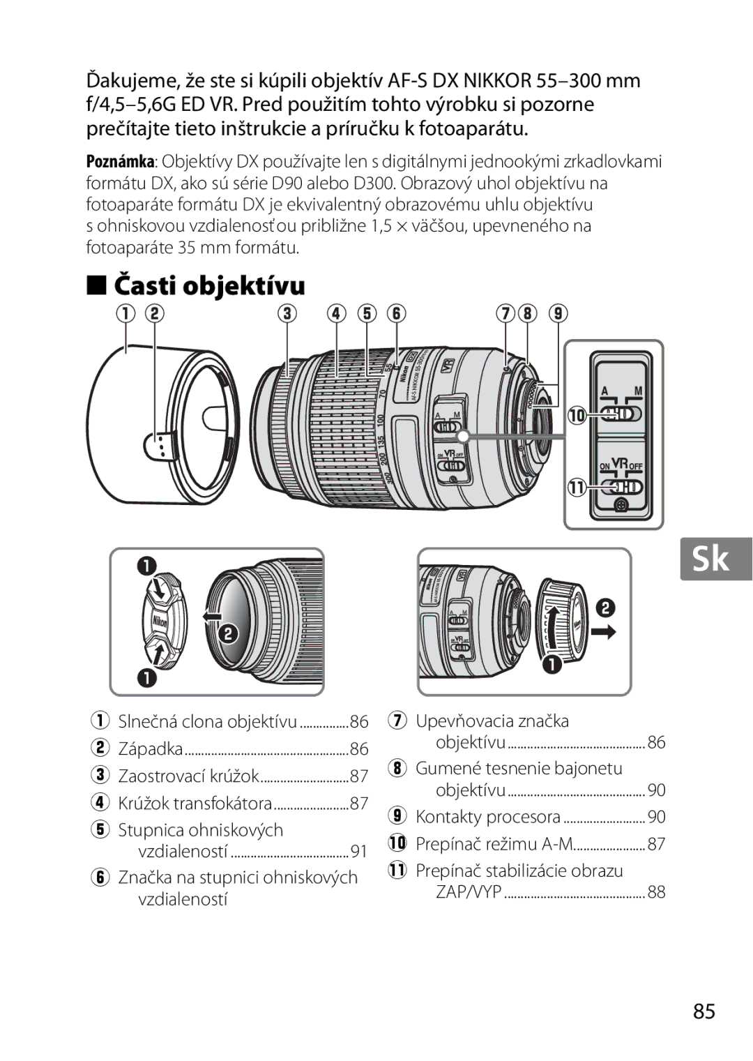 Nikon 55-300, 2179B, 2197B user manual Časti objektívu 