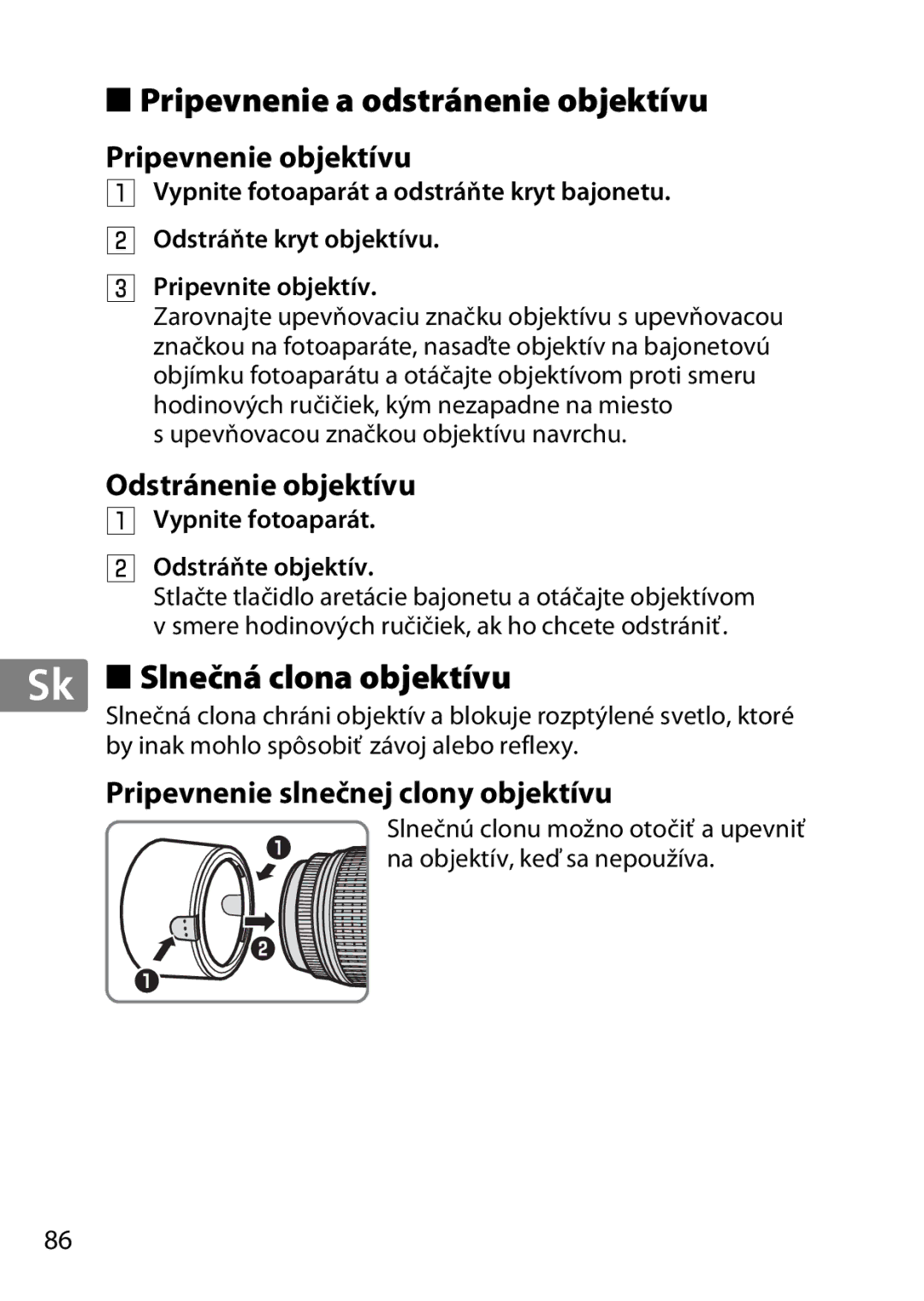 Nikon 2197 Pripevnenie a odstránenie objektívu, Slnečná clona objektívu, Pripevnenie objektívu, Odstránenie objektívu 