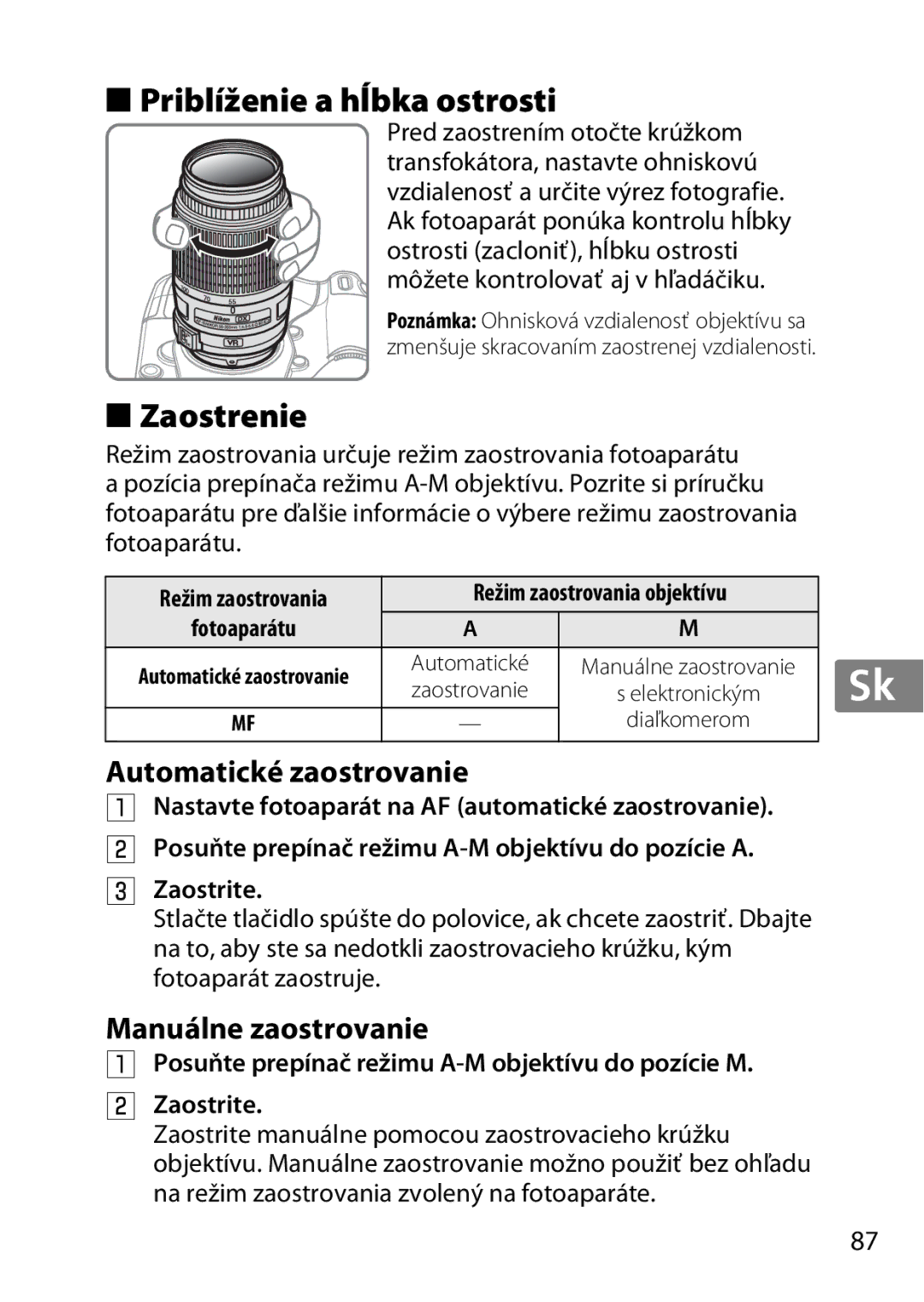 Nikon 2197B, 2179B Priblíženie a hĺbka ostrosti, Zaostrenie, Automatické zaostrovanie, Manuálne zaostrovanie, Zaostrite 