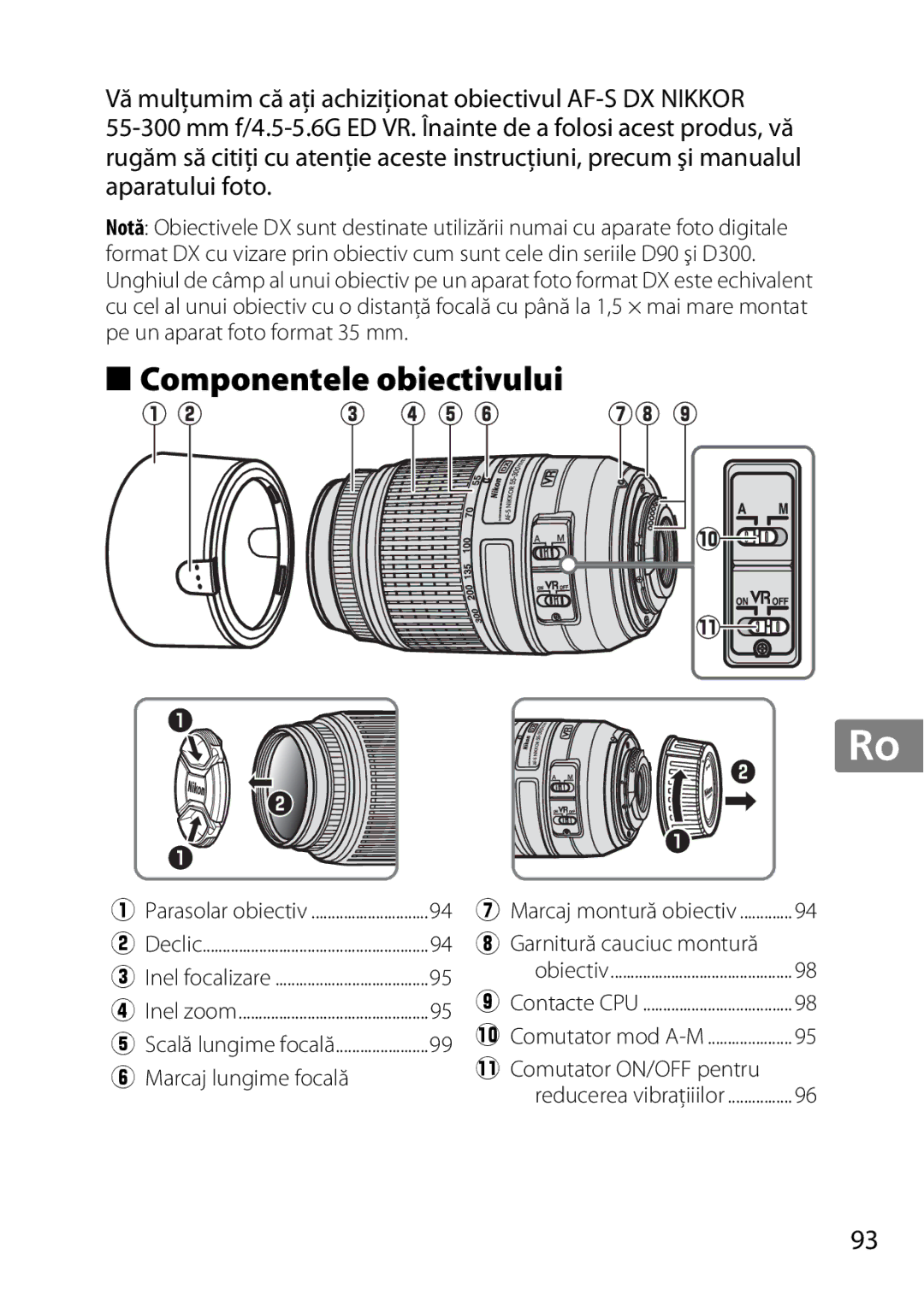 Nikon 55-300, 2179B, 2197B user manual Componentele obiectivului 