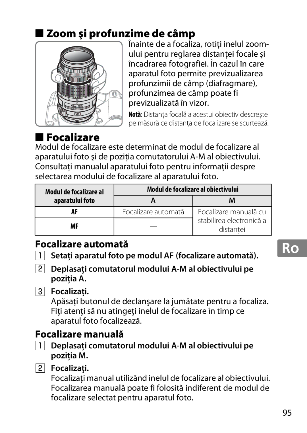 Nikon 2197B, 2179B, 55-300 user manual Zoom şi profunzime de câmp, Focalizare automată, Focalizare manuală 