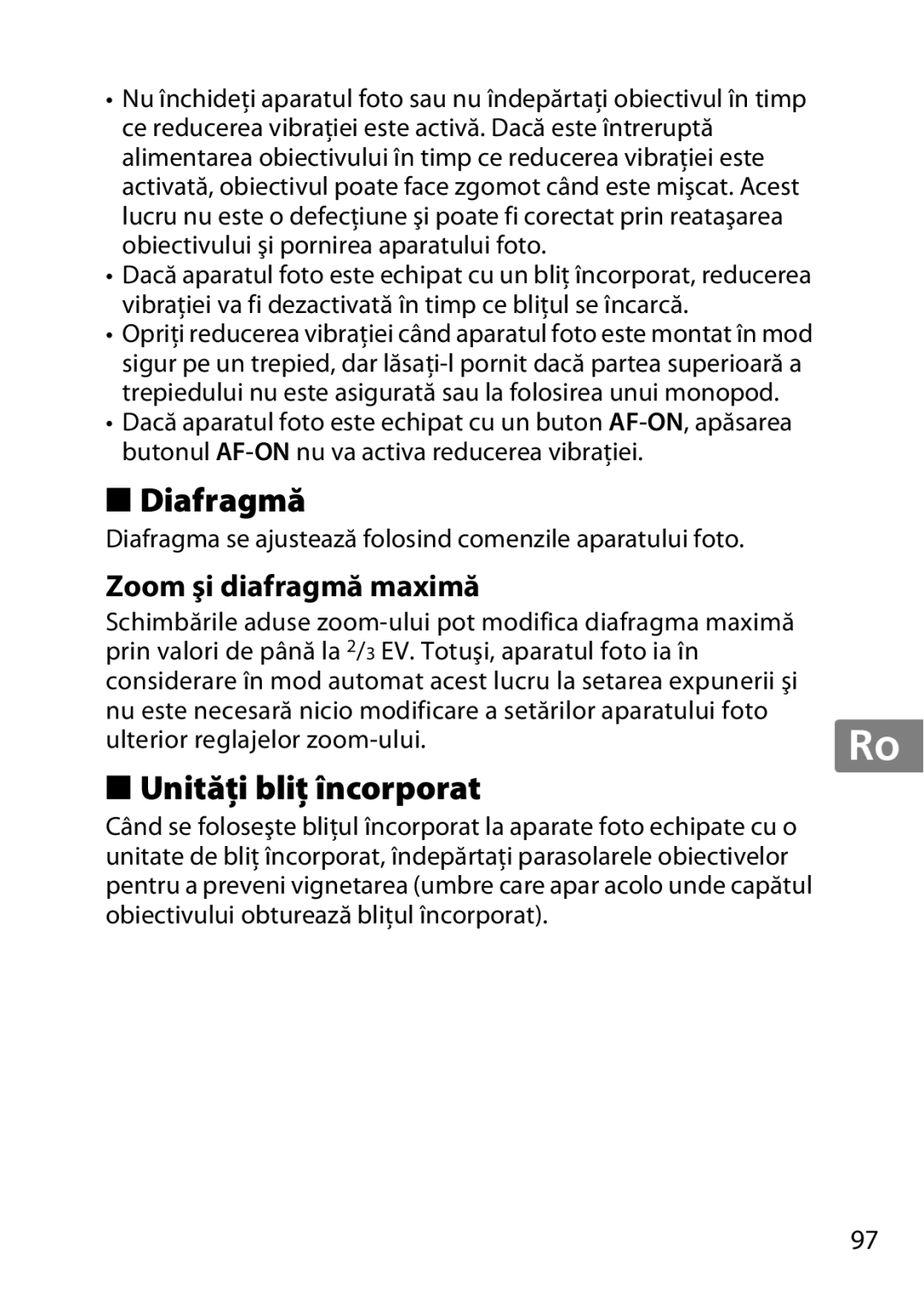 Nikon 55-300, 2179B, 2197B user manual Diafragmă, Unităţi bliţ încorporat, Zoom şi diafragmă maximă 