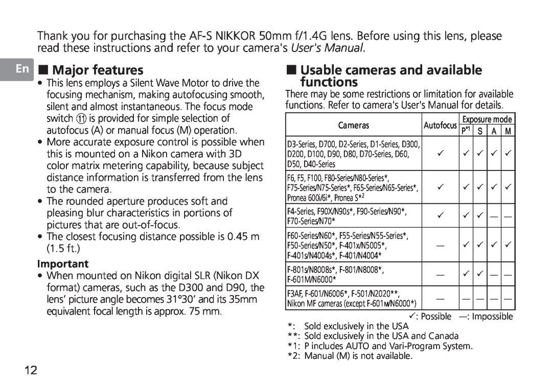 Nikon 2180, 1902, AF-S user manual En „ Major features, „ Usable cameras and available functions 