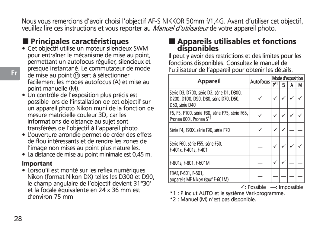 Nikon 1902, 2180, AF-S user manual „ Principales caractéristiques, „ Appareils utilisables et fonctions disponibles 