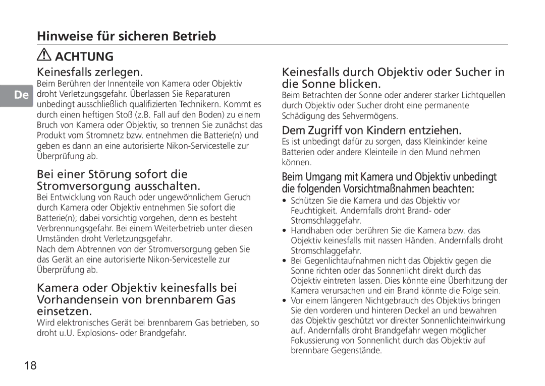 Nikon 2180, 1902, AF-S user manual Hinweise für sicheren Betrieb 