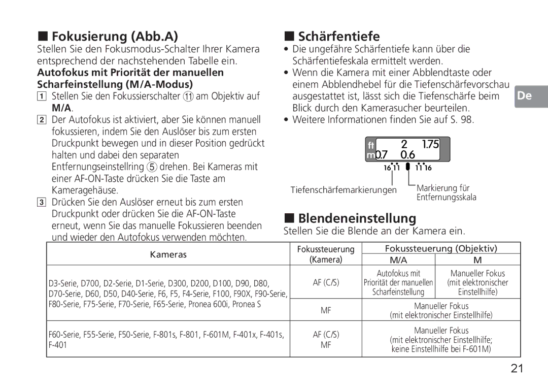 Nikon 2180, 1902, AF-S „ Fokusierung Abb.A, „ Schärfentiefe, „ Blendeneinstellung, Stellen Sie die Blende an der Kamera ein 