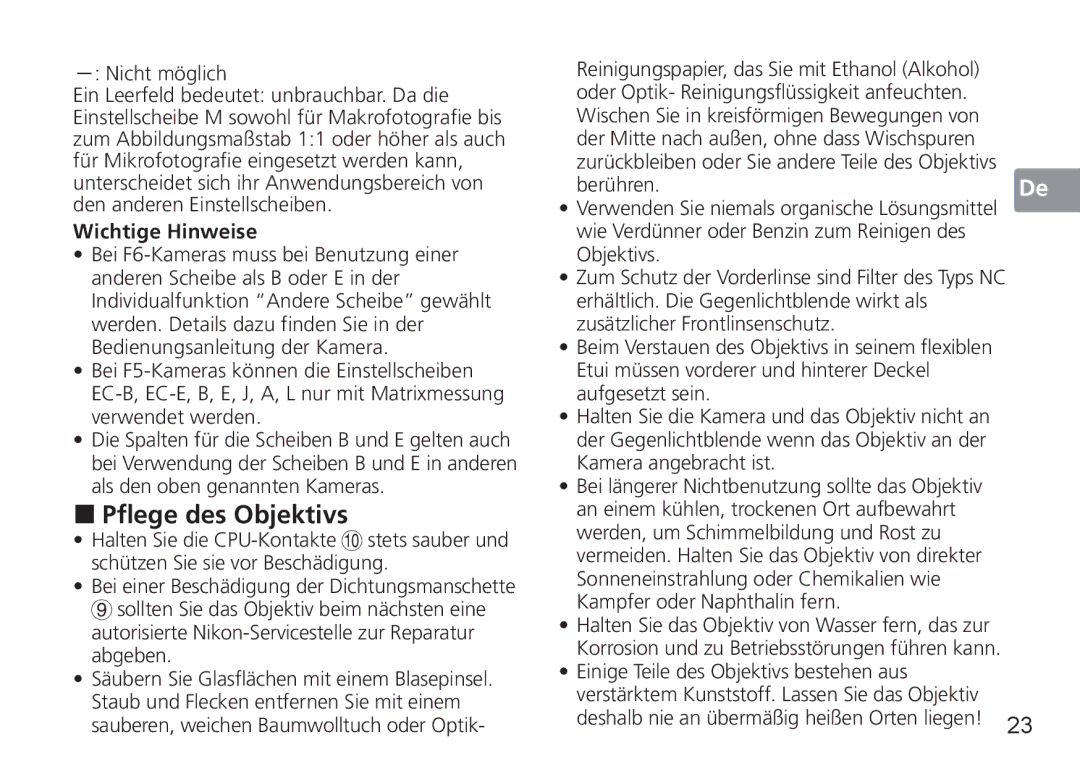 Nikon AF-S, 2180, 1902 user manual „ Pflege des Objektivs, Nicht möglich 