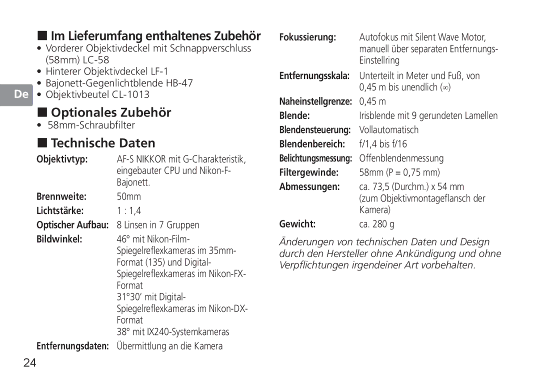 Nikon 2180, 1902, AF-S user manual „ Optionales Zubehör, „ Technische Daten 