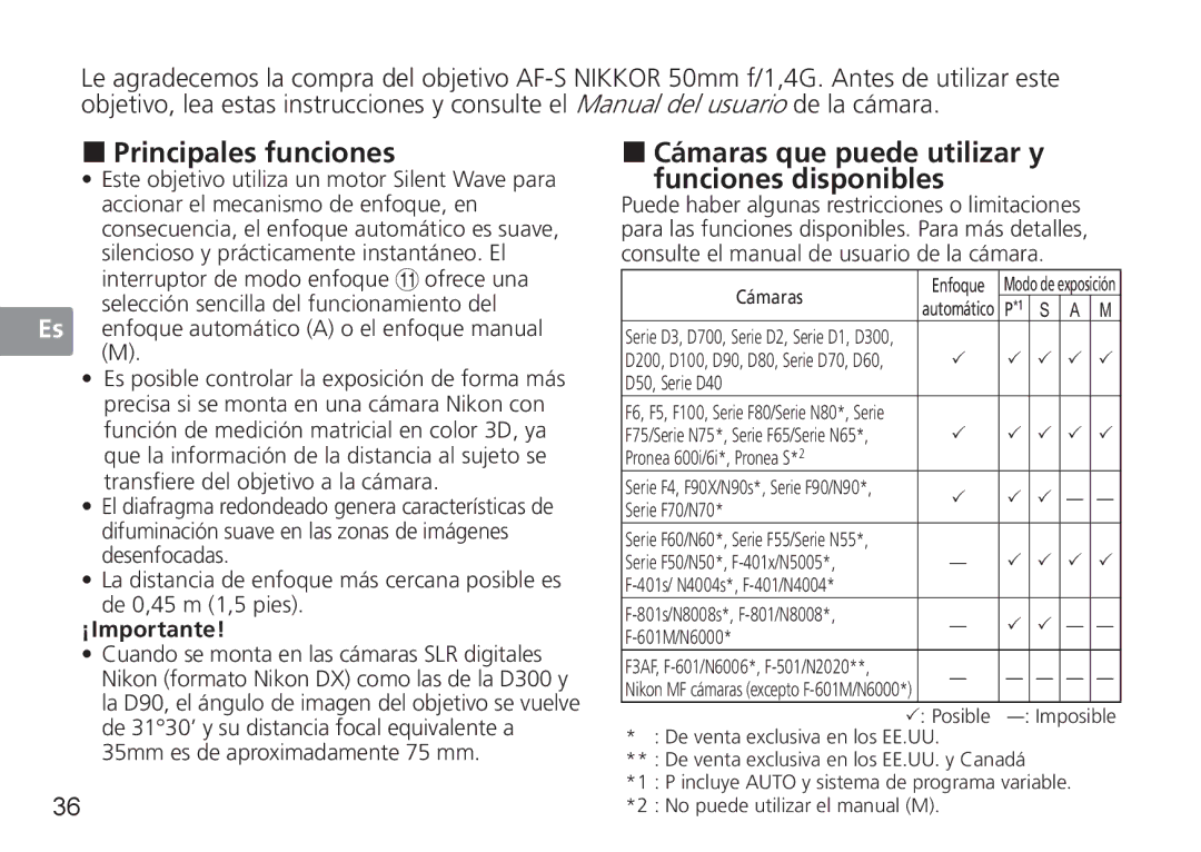 Nikon 2180, 1902, AF-S user manual „ Principales funciones, „ Cámaras que puede utilizar y Funciones disponibles, ¡Importante 