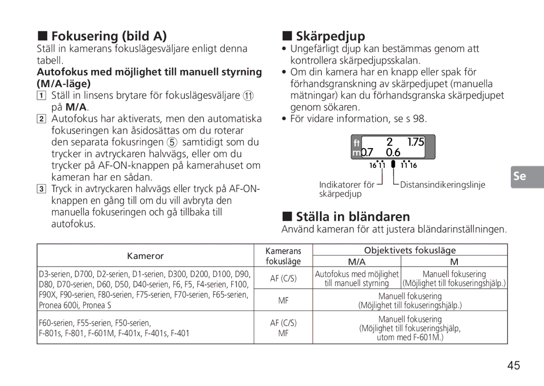 Nikon 2180, 1902, AF-S user manual „ Fokusering bild a, „ Skärpedjup, „ Ställa in bländaren 