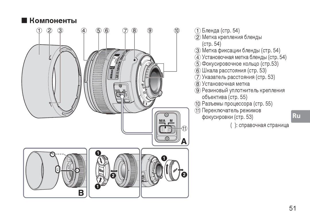 Nikon 2180, 1902, AF-S „ Компоненты, Фокусировки стр Ru справочная страница, Разъемы процессора стр ! Переключатель режимов 