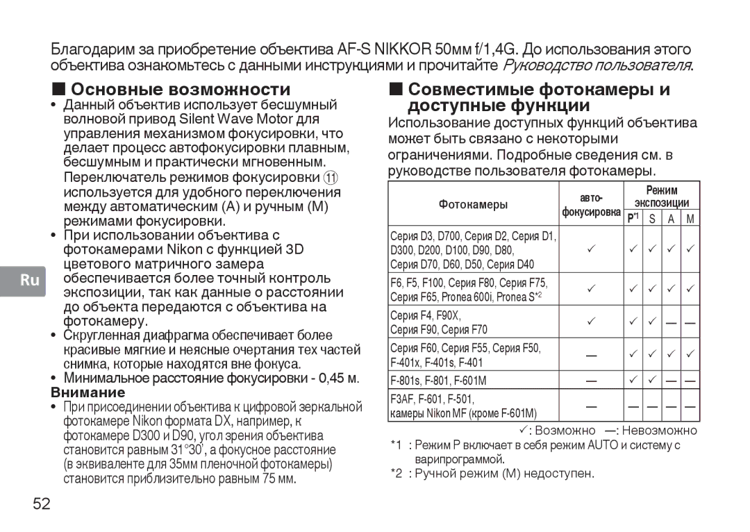 Nikon 1902 „ Основные возможности, „ Совместимые фотокамеры и доступные функции, Внимание, D300, D200, D100, D90, D80 